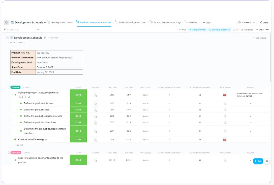 ClickUp Development Schedule Template
