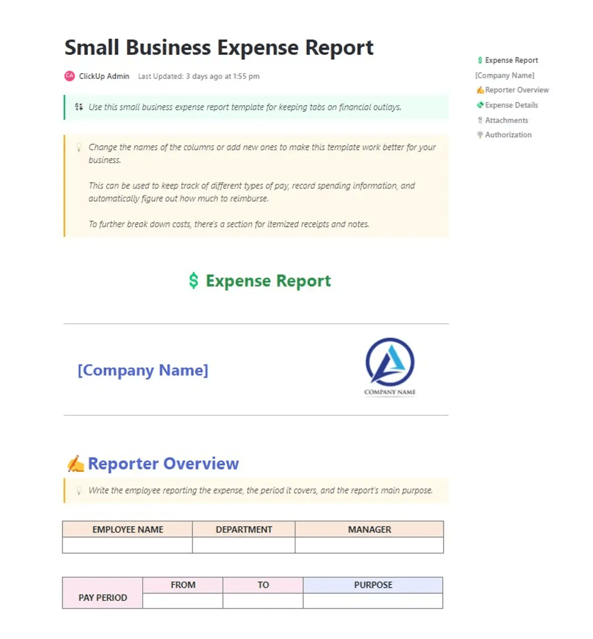 Stay organized and on top of your small business’ finances with the Small Business Expense Report Template by ClickUp
