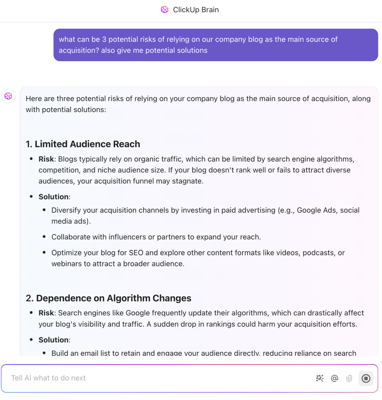 Identify and mitigate project or strategy risks with AI, using ClickUp Brain: Process Improvement Methodologies