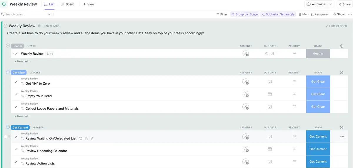 Put David Allen’s GTD system to use with the fully customizable Getting Things Done Template by ClickUp