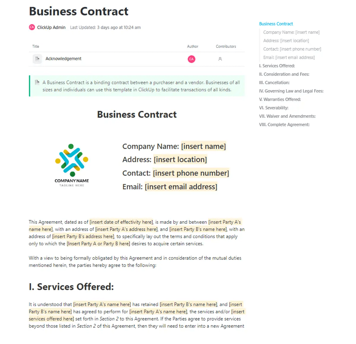 ClickUp Business Contract Sample Template