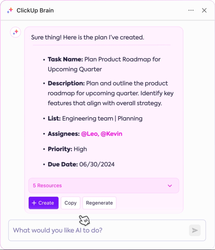 Get ClickUp Brain to create project plans or specific tasks