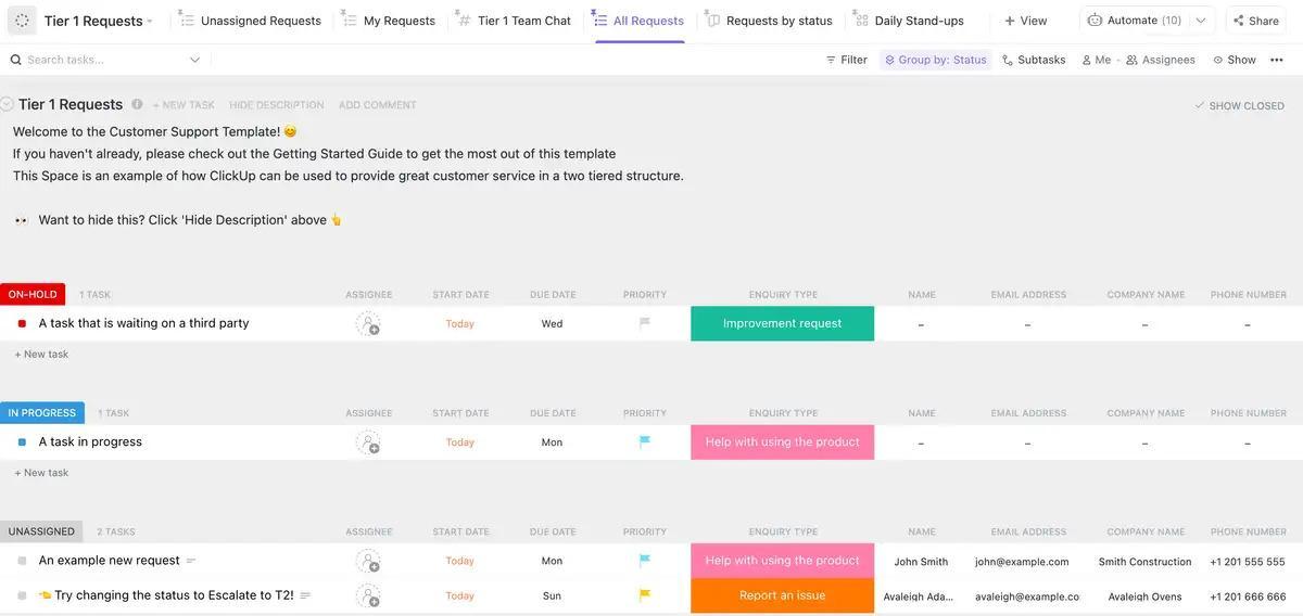 ClickUp Customer Support Template