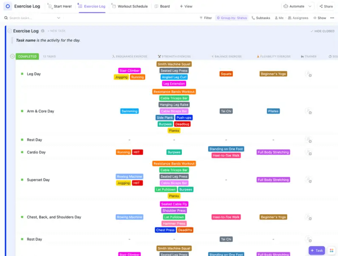 ClickUp's Exercise Log Template is designed to help you stay on top of your fitness goals.