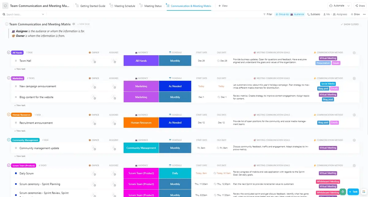 ClickUp’s Team Communication and Meeting Matrix Template 