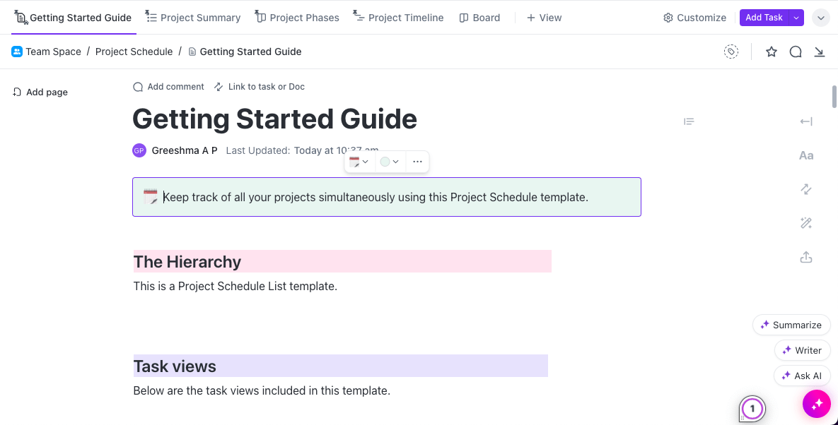 ClickUp’s Project Schedule Template