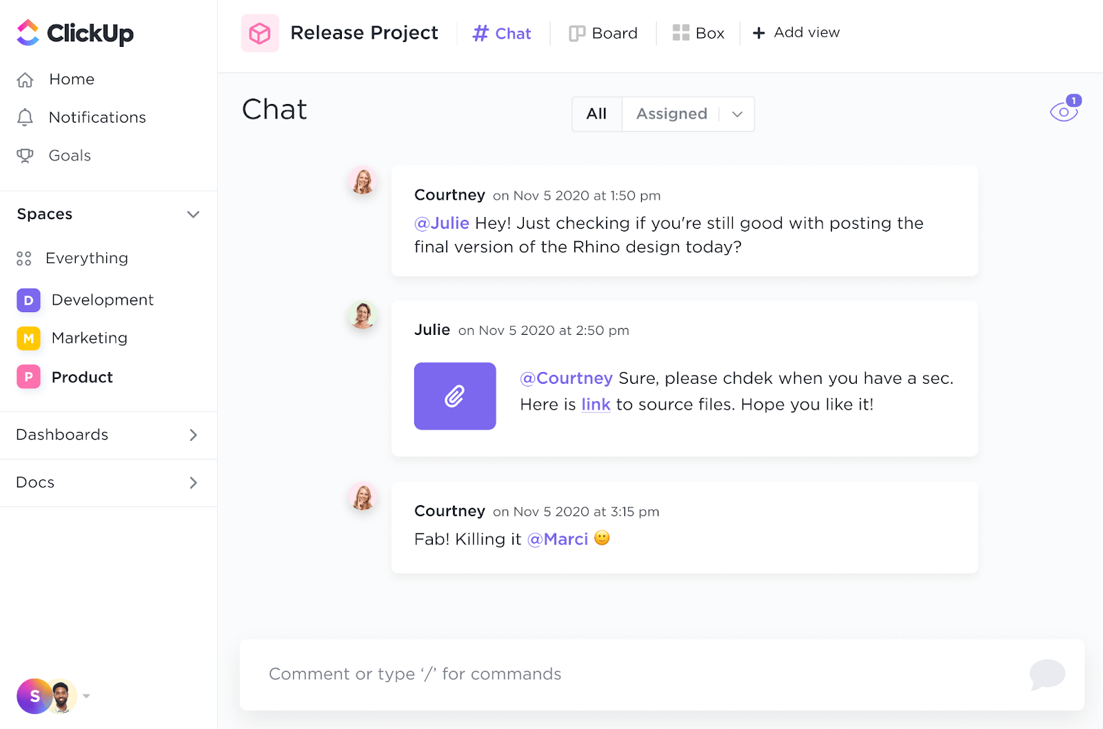 Enhance communication and collaboration within teams with ClickUp Chat View 