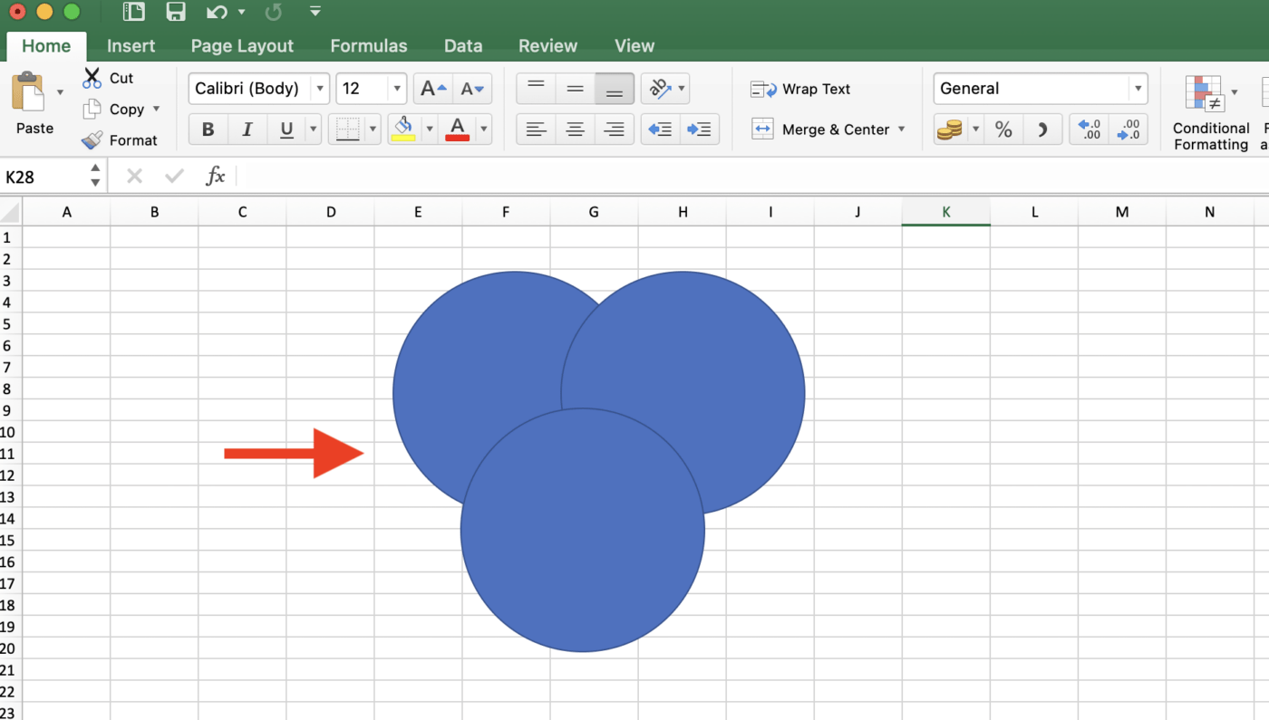 Adding three circles in Microsoft Excel to create a Venn diagram