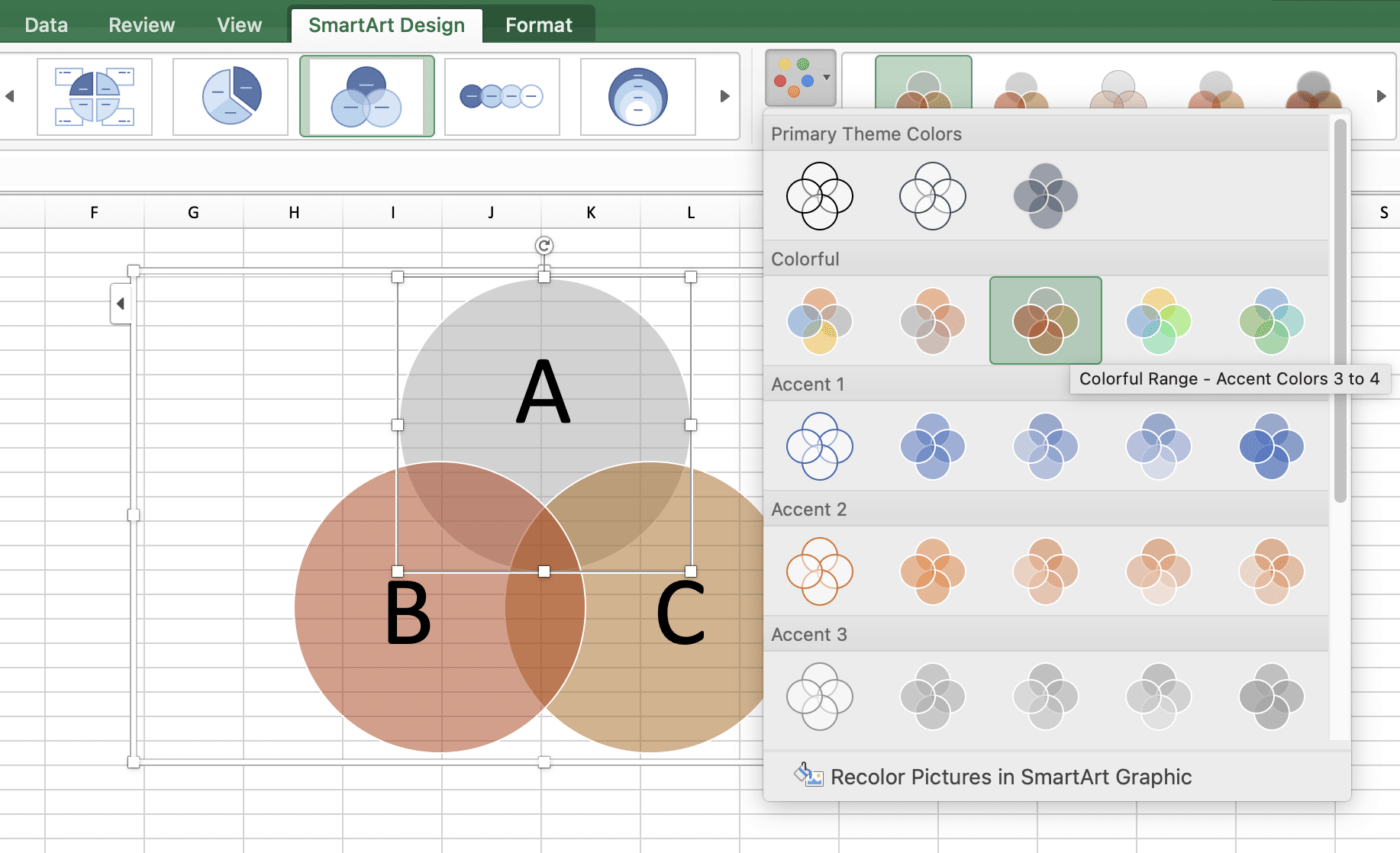 Changing the color scheme of a Venn diagram in Excel