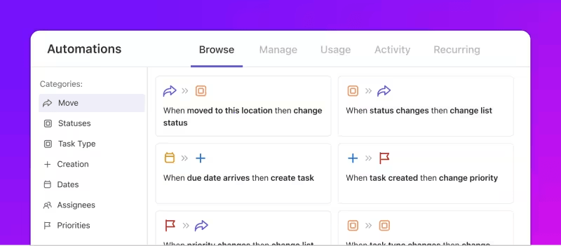 Use ClickUp Automations to send notifications, change status, and move files from one locations to another