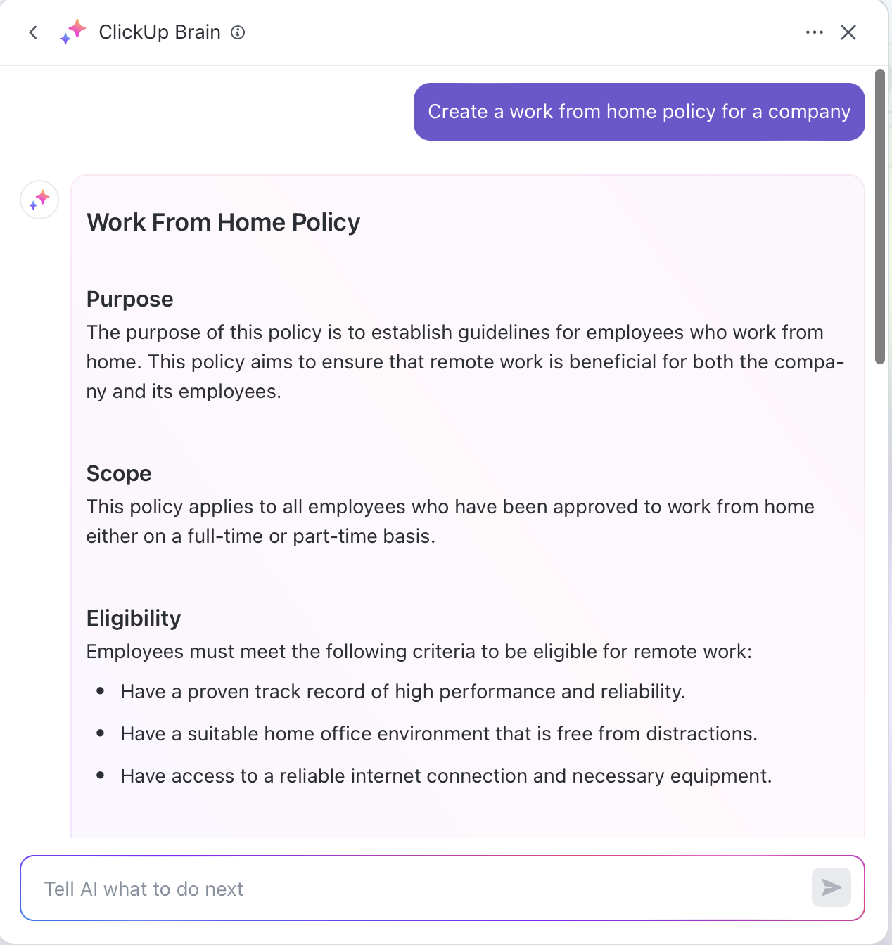 Use ClickUp Brain to create company policy