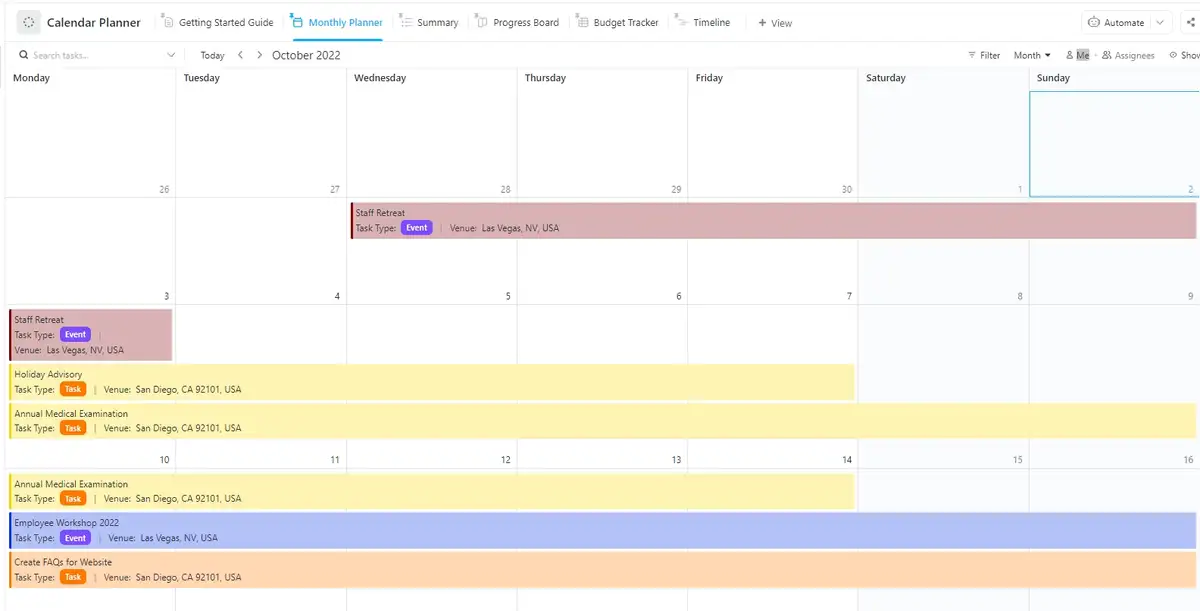 ClickUp's Calendar Planner Template is designed to help you manage and track events, activities, and tasks. 