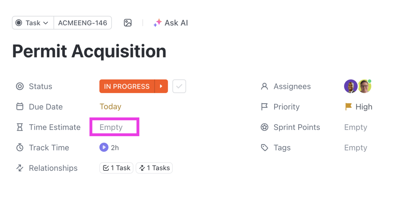 ClickUp’s Time Estimates can help you add a time estimate to your task and serve as a good alternative