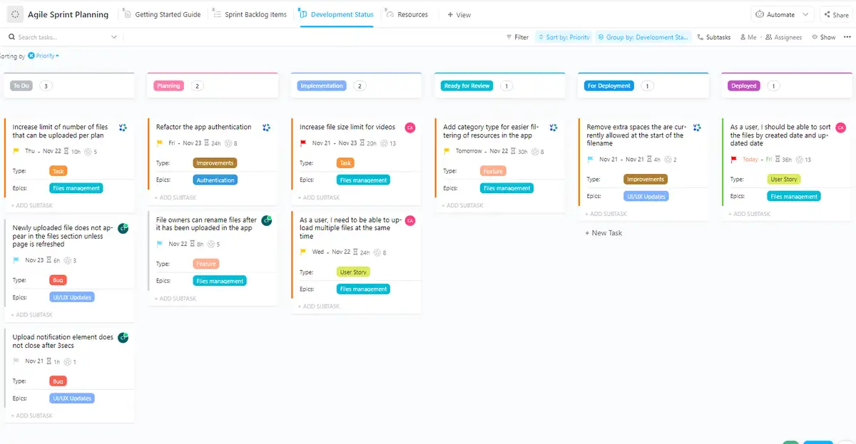 ClickUp’s Agile Sprint Planning Template is another Kanban board example for software teams