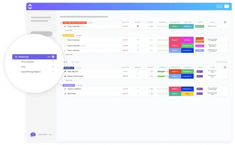 ClickUp's Meetings Template allows you to manage agendas, track follow-ups, monitor attendance, and more—all in one place.