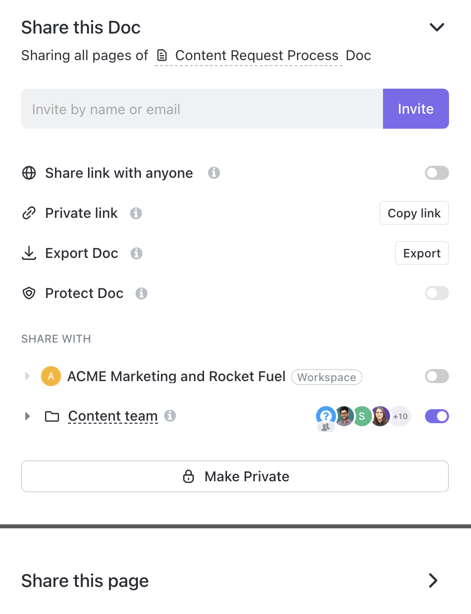 Share your document in real time with your team members with ClickUp Docs