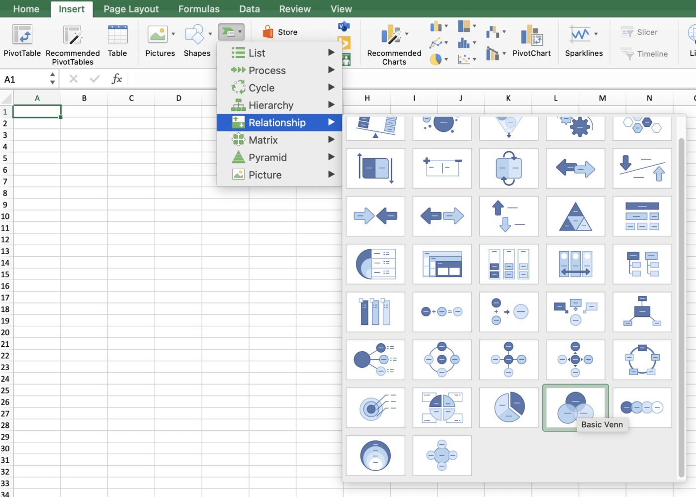 Creating a 'Basic Venn' diagram in Excel