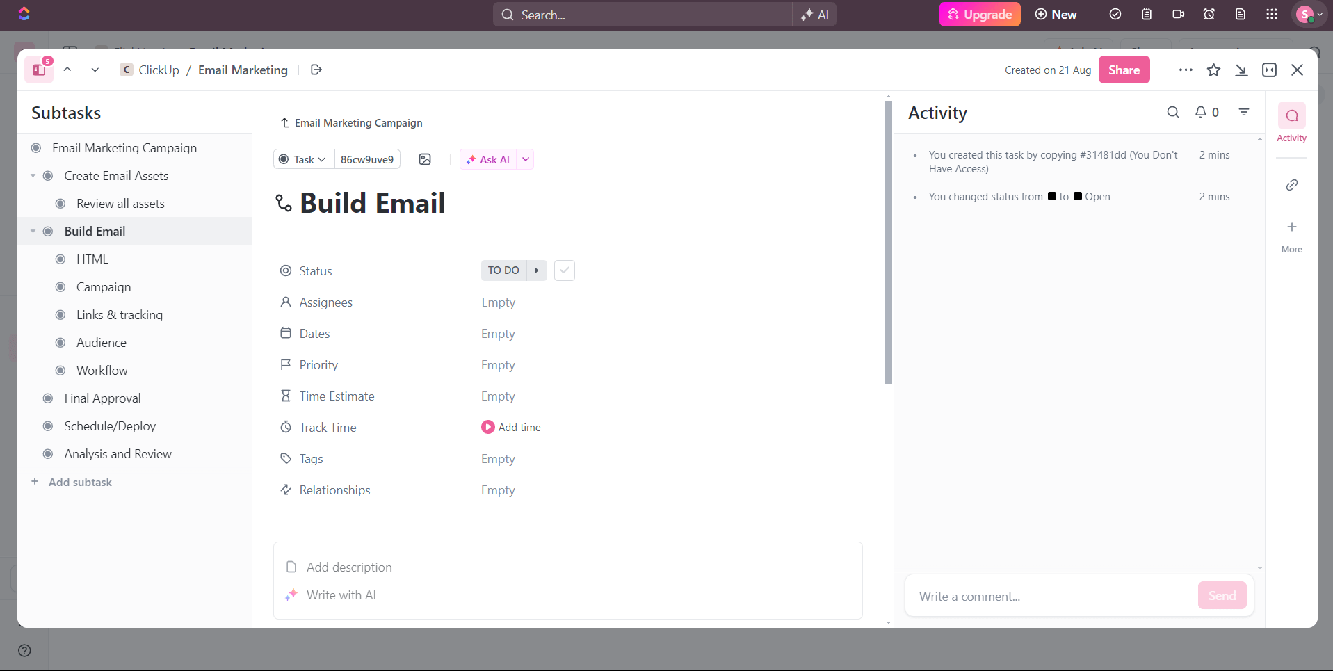 ClickUp's Email Marketing Campaign Template is designed to help you plan, manage, and track email marketing campaigns. 
