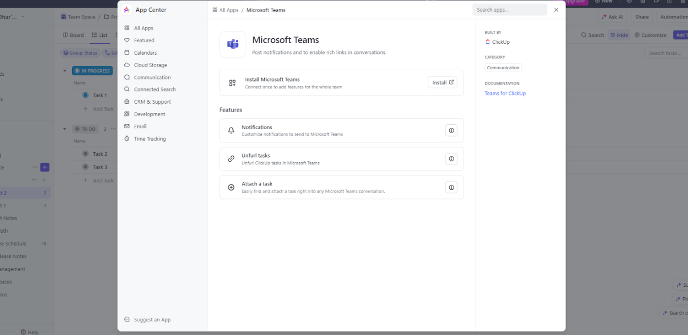 ClickUp Microsoft Teams integration