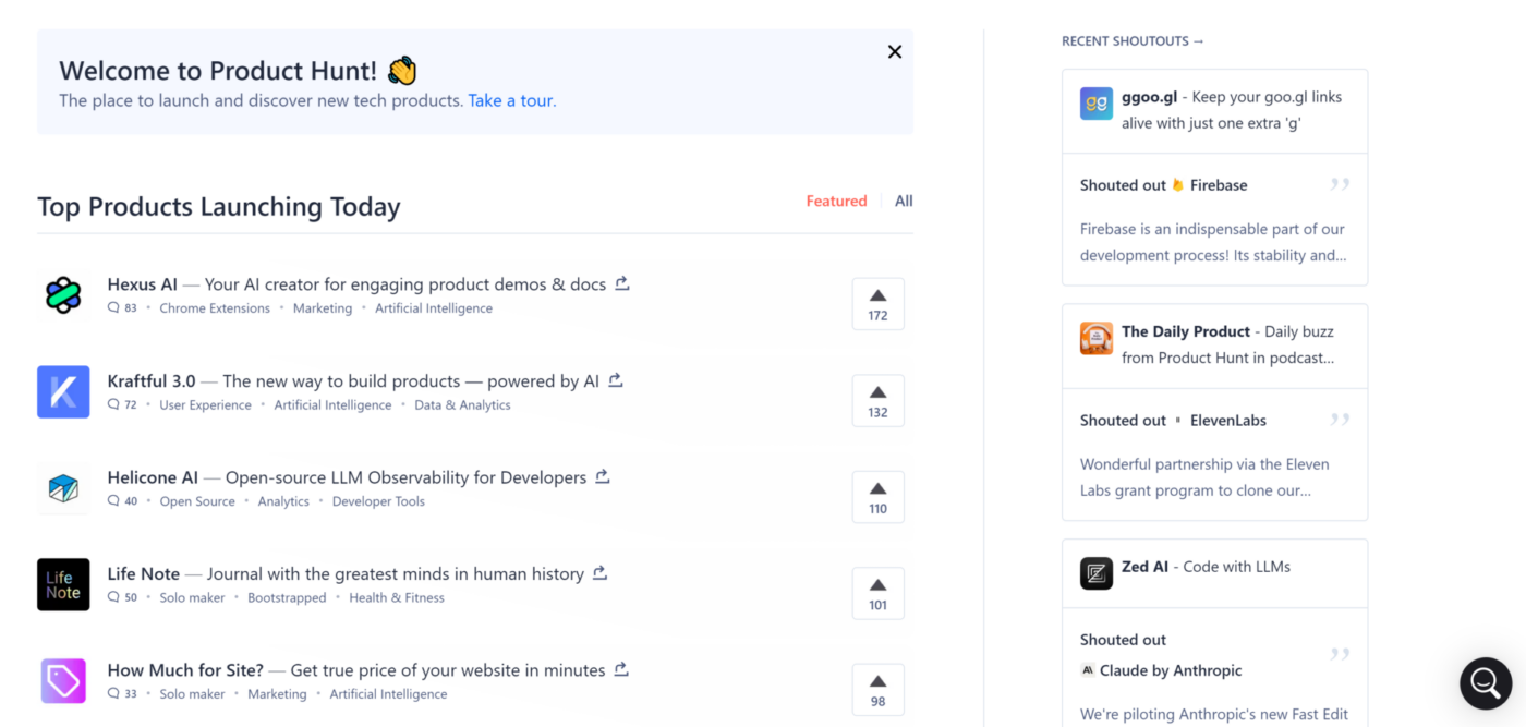 ProductHunt home page