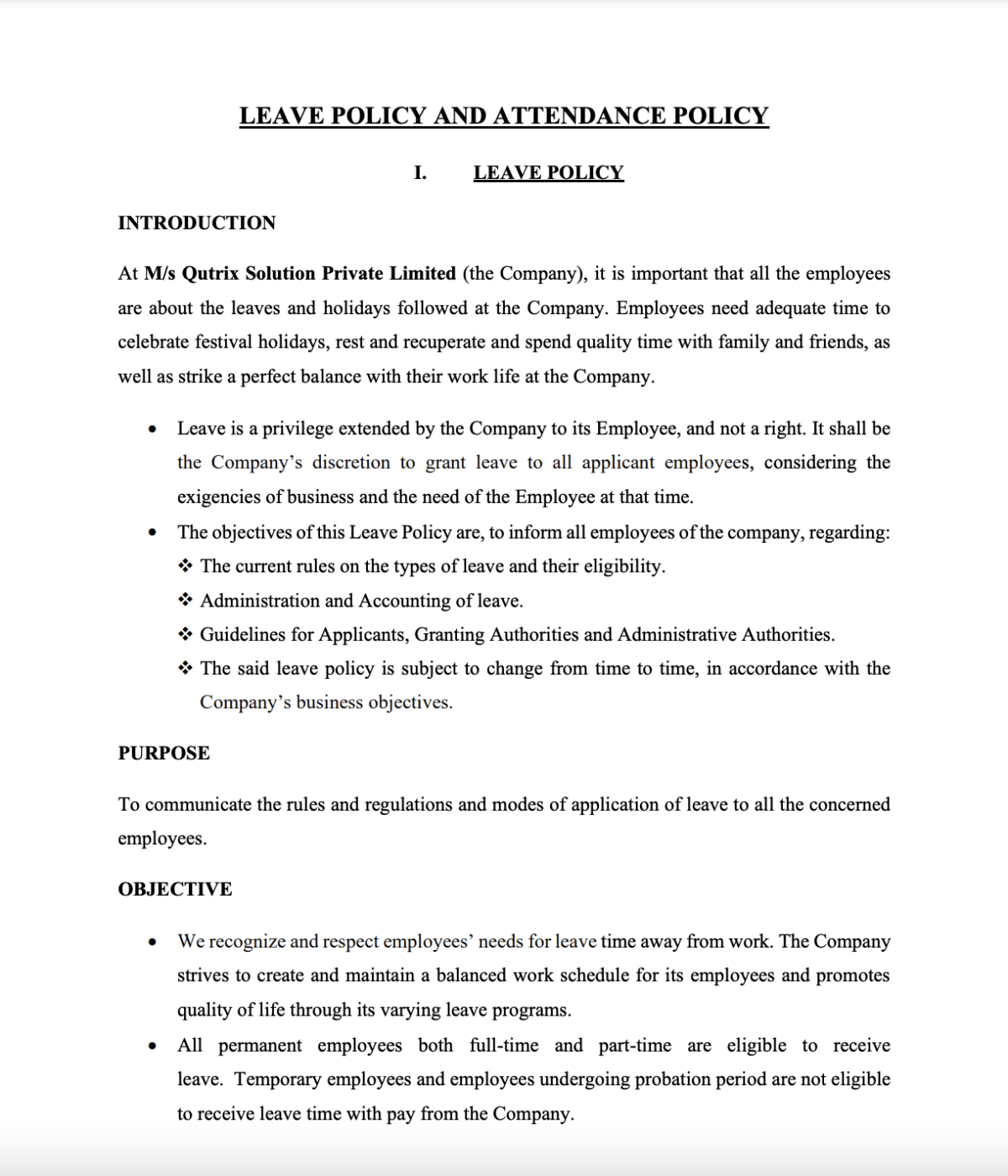 Qutrix company policy example