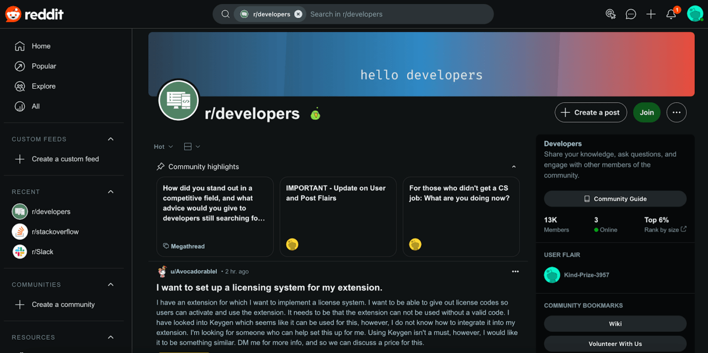 Reddit developer community
