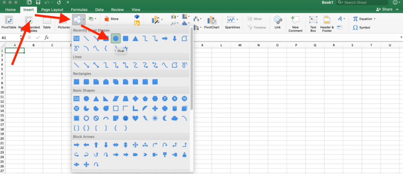 Adding an oval shape in Microsoft Excel