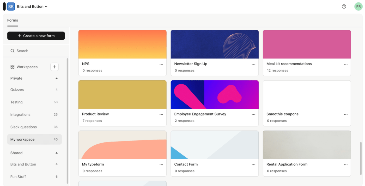 Typeform forms dashboard