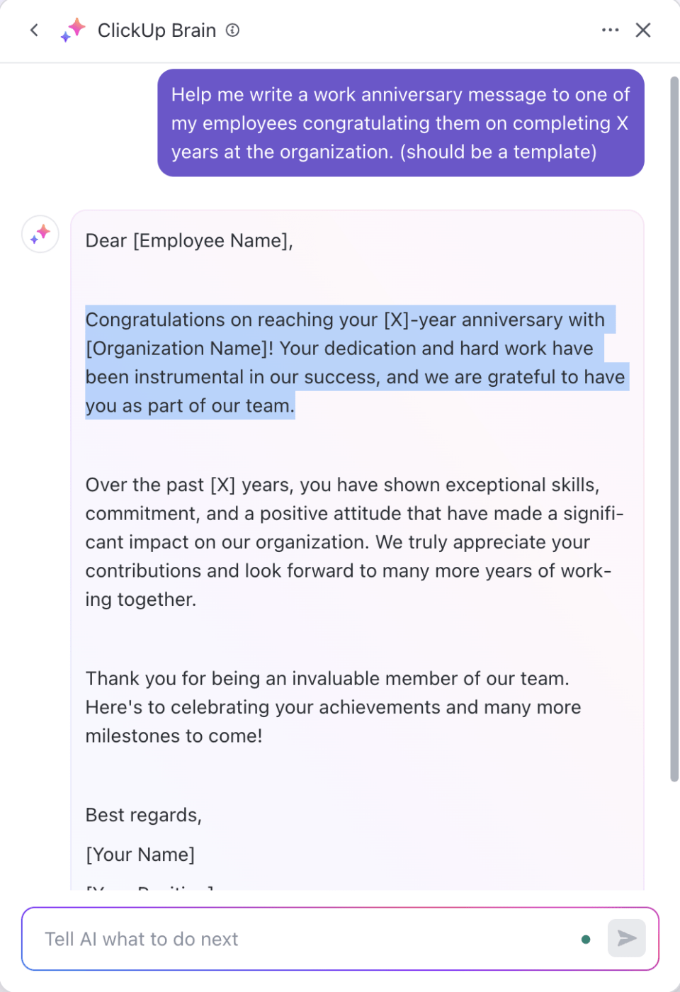 Work anniversary message generated using ClickUp Brain