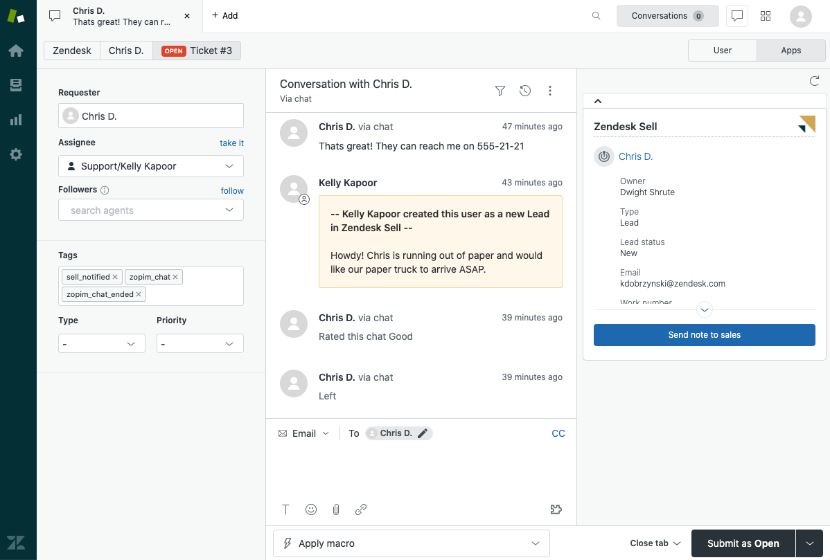 Zendesk Sell conversations view
