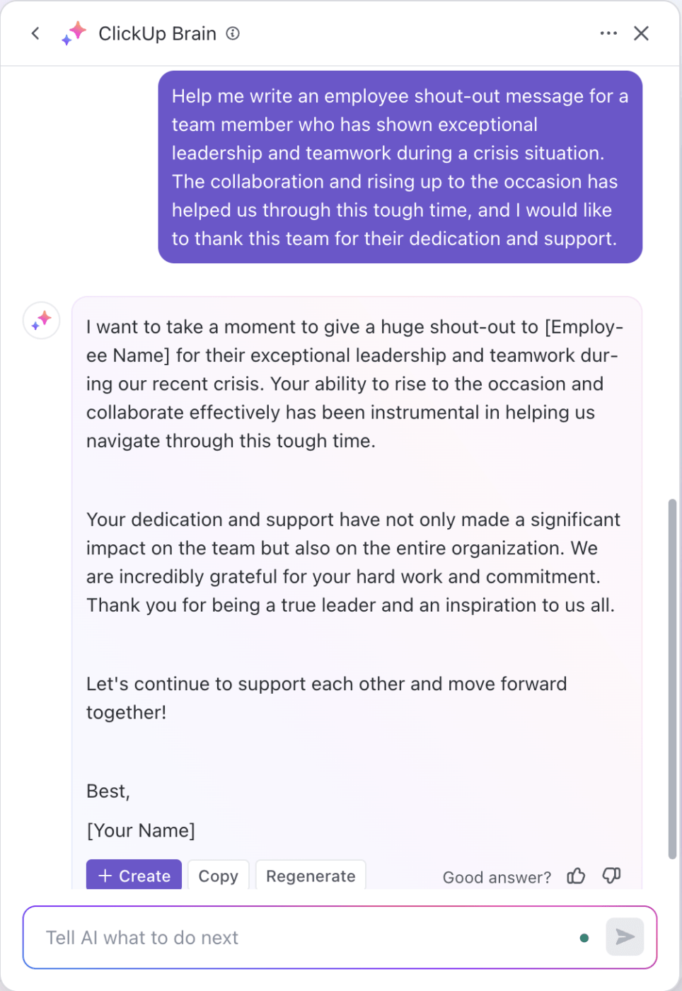 employee shoutout message using ClickUp Brain