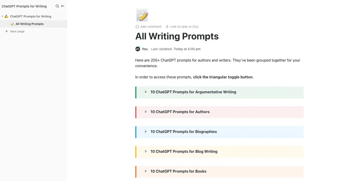 Elevate your content creation process with ClickUp’s ChatGPT Prompts for Writing Template