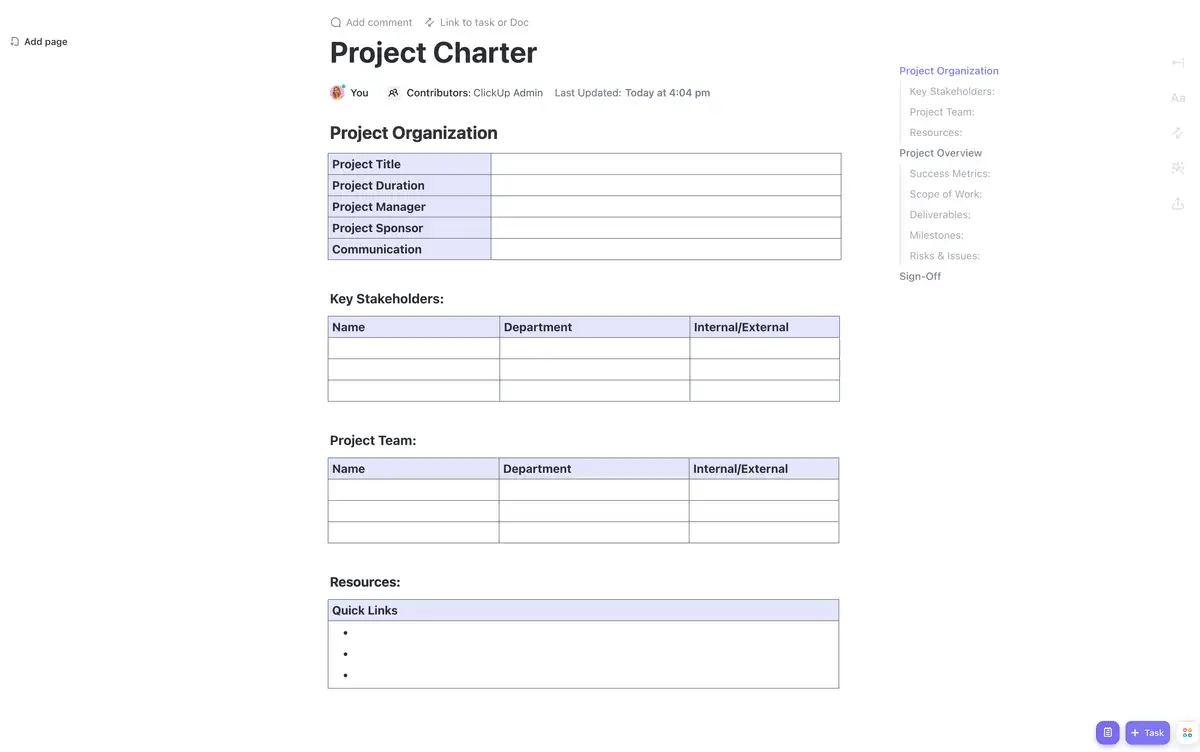 Create a well-structured and detailed project charter with the ClickUp Project Charter Template 