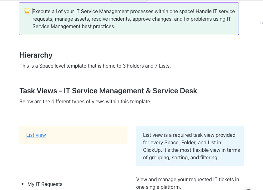 Use the ClickUp IT Service Management Template for change management, incident management, and problem management