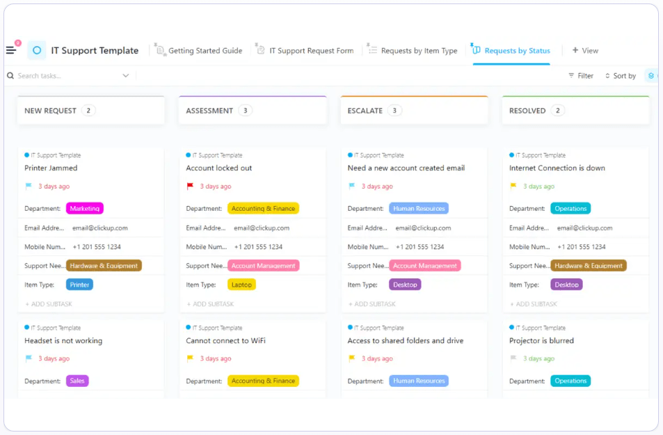 ClickUp’s IT Support Template: kanban board example