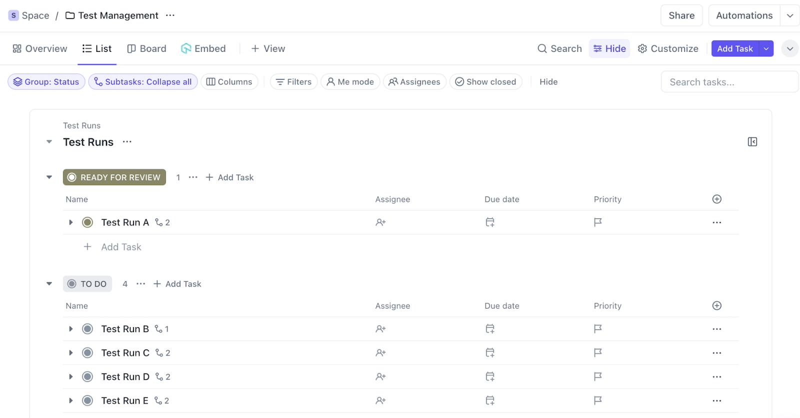 Use the ClickUp Test Management Template to manage a few manual tests or an extensive automated system