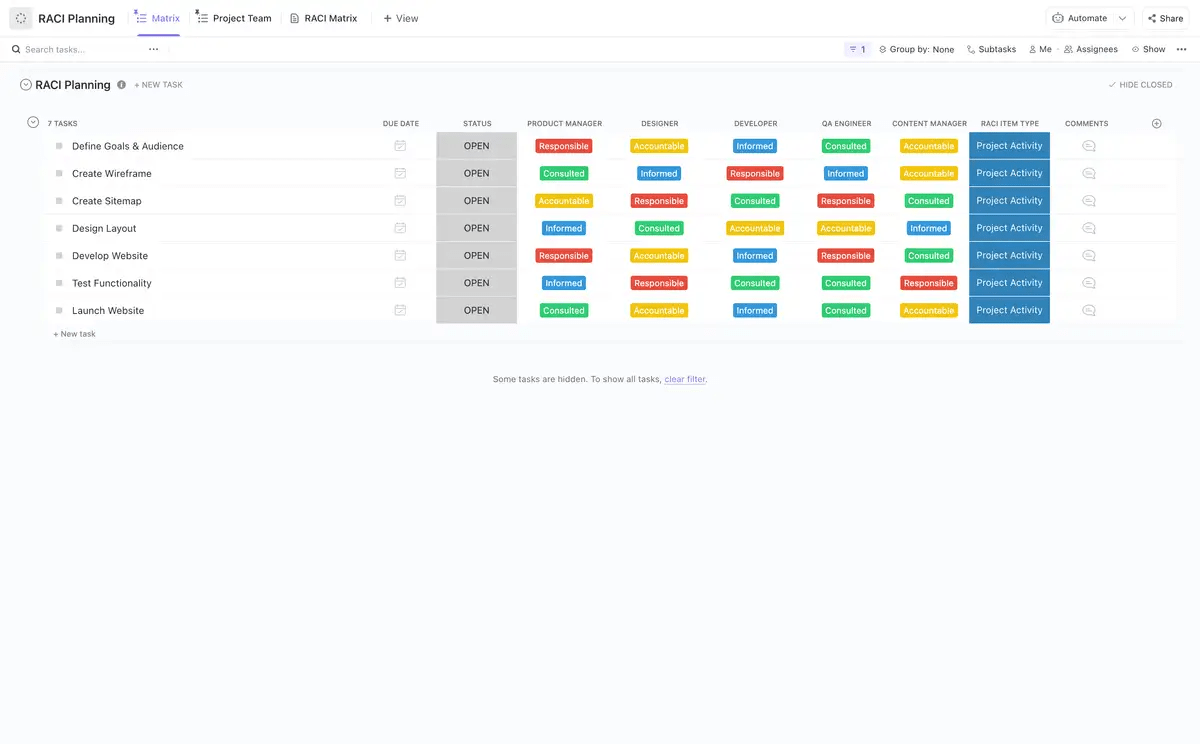 ClickUp’s Roles And Responsibilities RACI Matrix Template