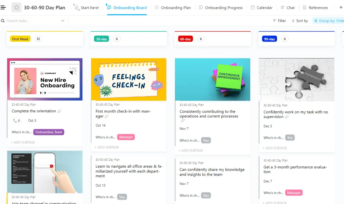 Seamlessly onboard employees and create development plans for them with the ClickUp 30-60-90 Day Plan For Employee Development Managers Template 