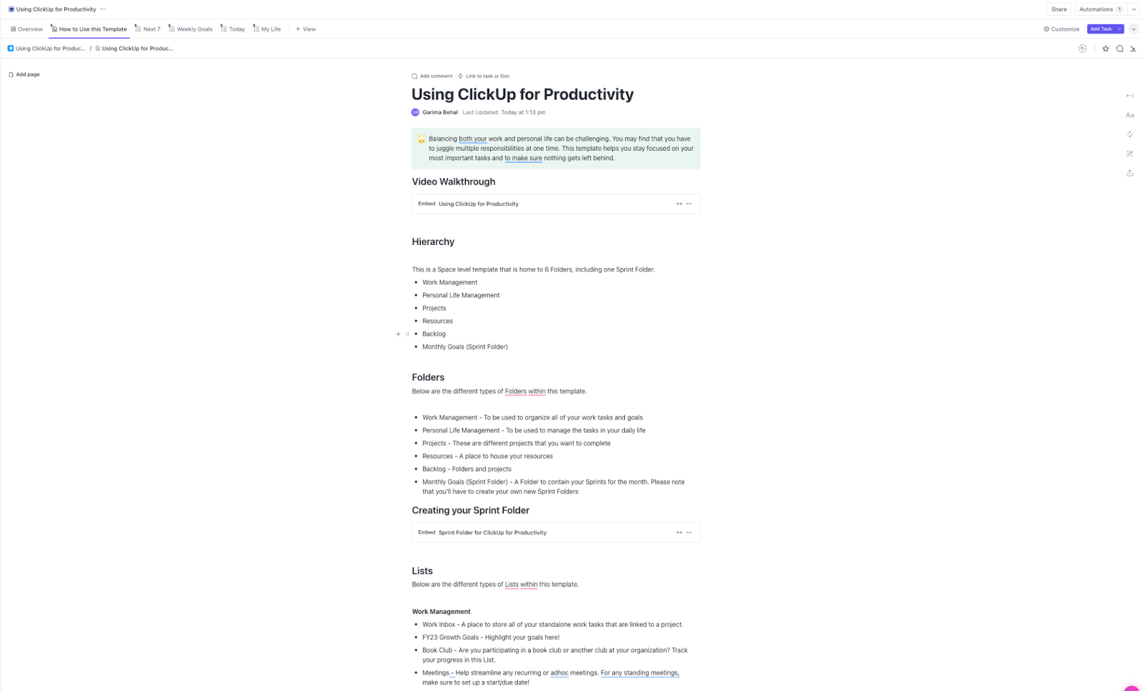 Balance productivity at work and home using ClickUp’s Productivity Template to stay focused on your most important tasks