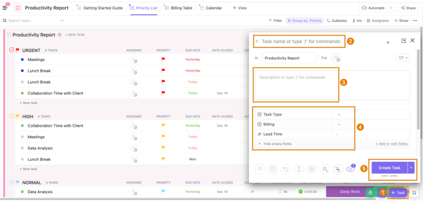 ClickUp’s Personal Productivity Report Template lets you create tasks, assign them priorities, and view them together in a calendar view