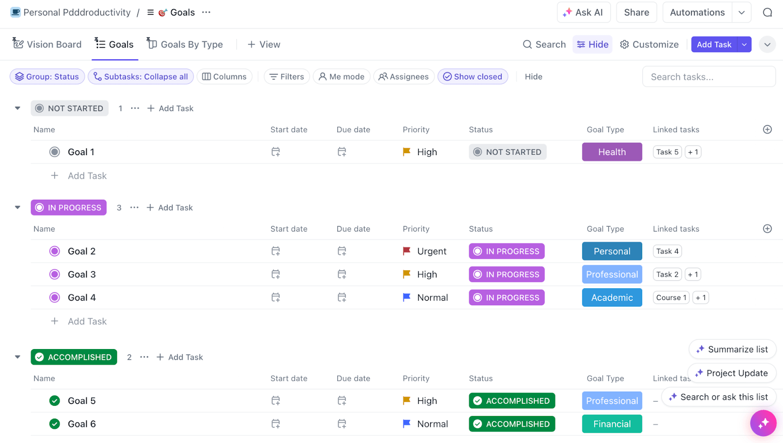 ClickUp’s Personal Productivity Template offers a clear and measurable method for tracking progress and easily pinpointing areas for improvement
