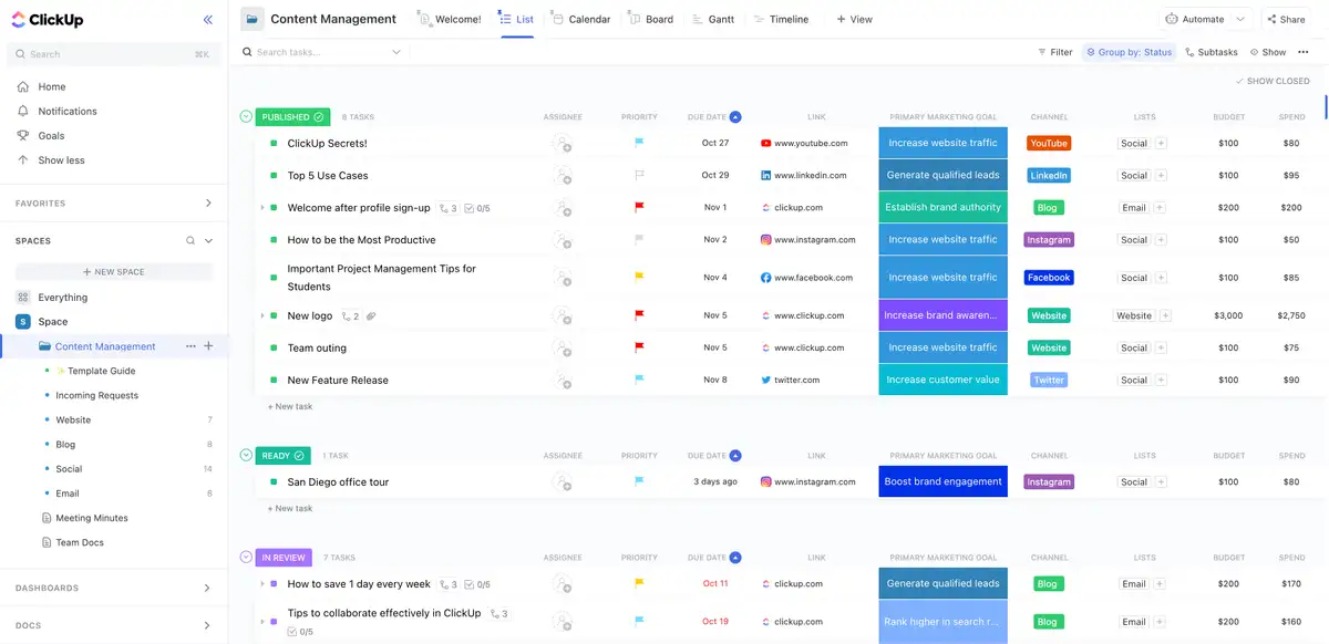 Organize and manage all your content from one place with ClickUp’s Content Management Template