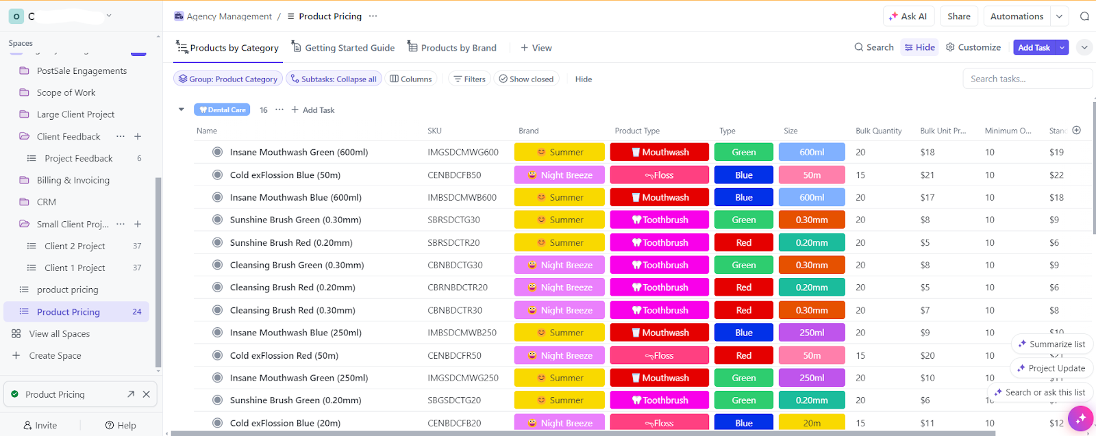 Organize and store all pricing information in a no-code database on ClickUp’s Product Pricing Template