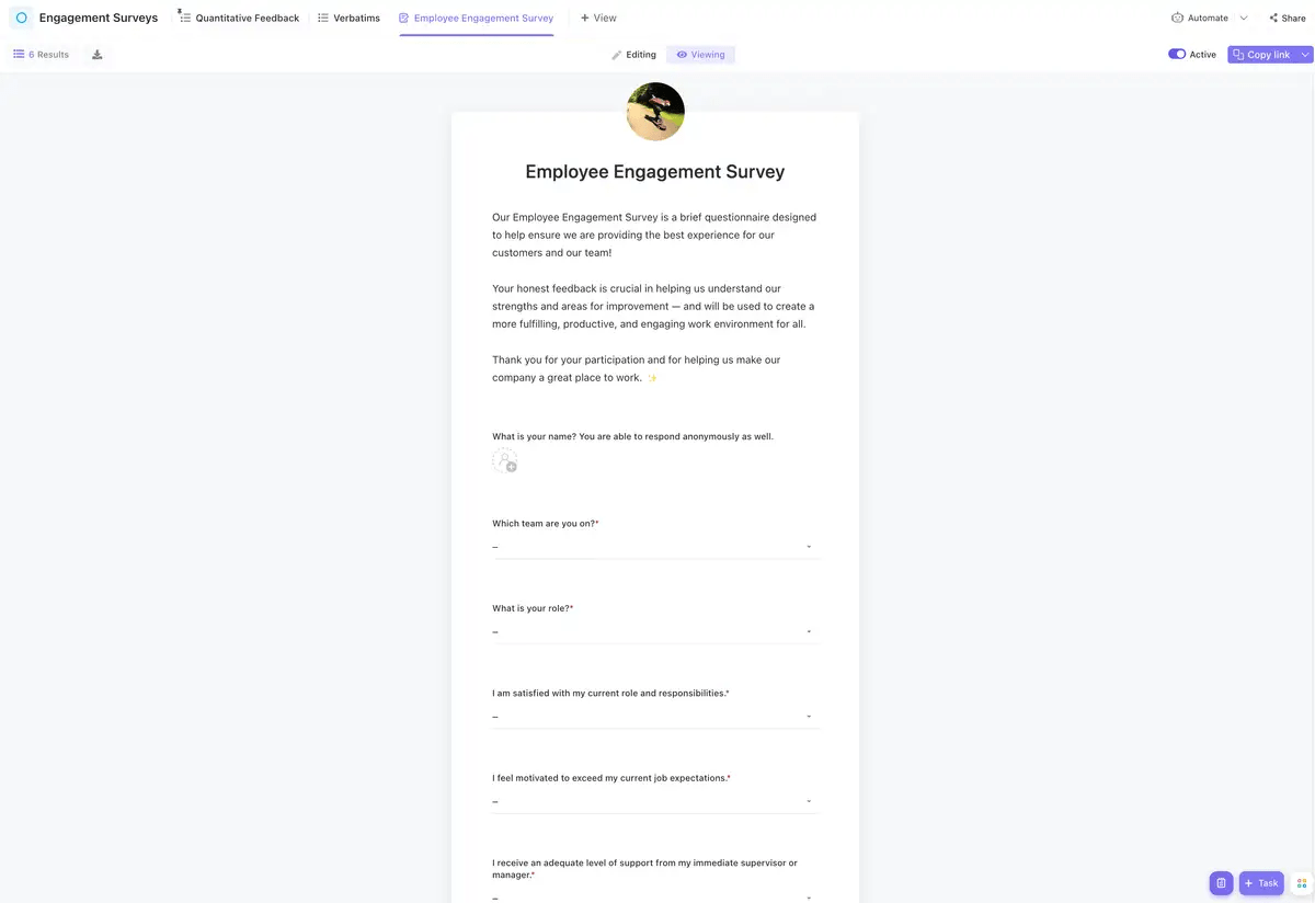 Gather and analyze employee feedback with ClickUp's Employee Engagement Survey Template