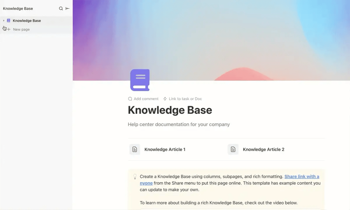 Create a framework for teams to build and organize a digital library of information with ClickUp’s Knowledge Base Template