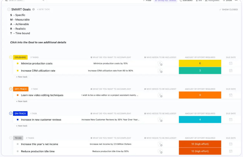 ClickUp’s SMART Goals Template 