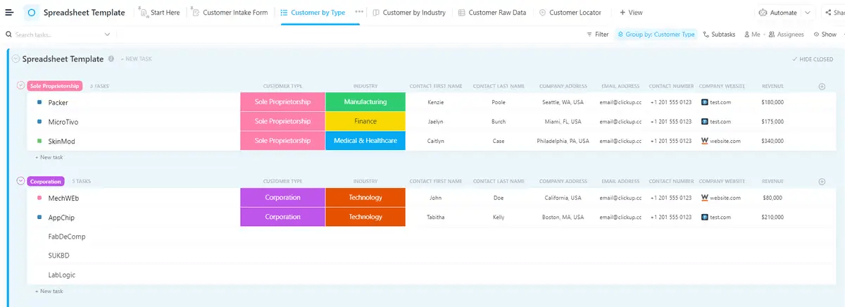 Gather crucial details about your customers and effectively oversee their management with the ClickUp Spreadsheet Template 