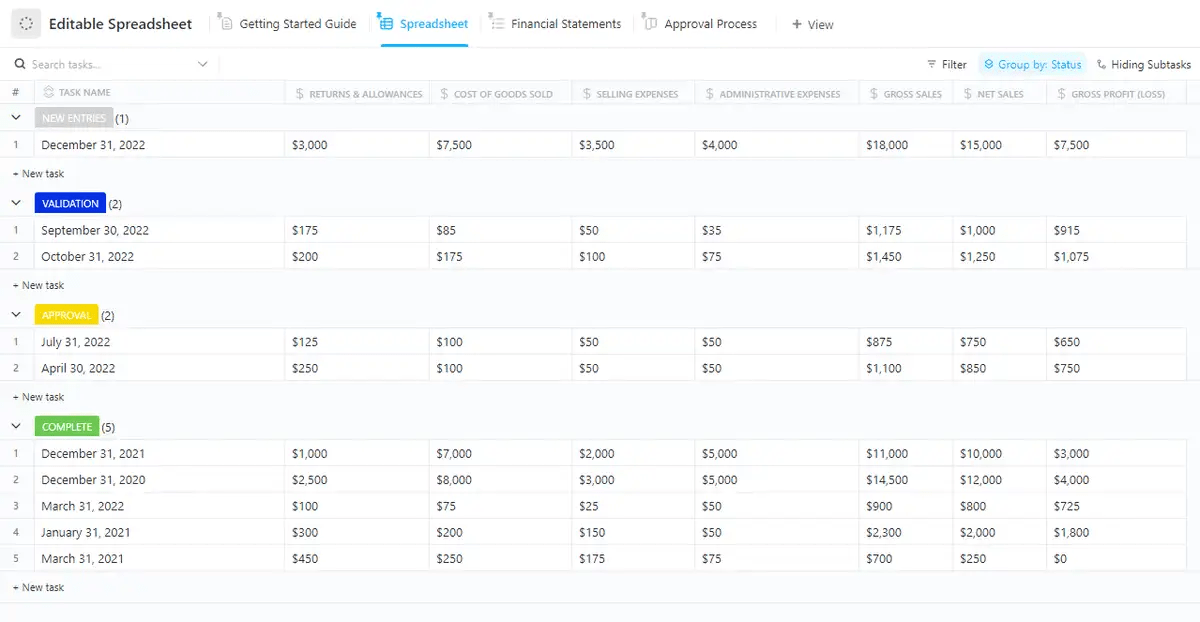 Simplify the process of creating and managing data-driven documents with ClickUp’s Editable Spreadsheet Template