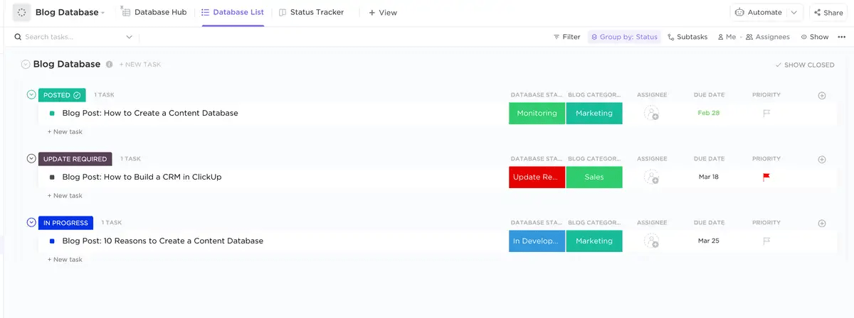Consolidate all your blog post information in one location using the ClickUp Blog Database Template
