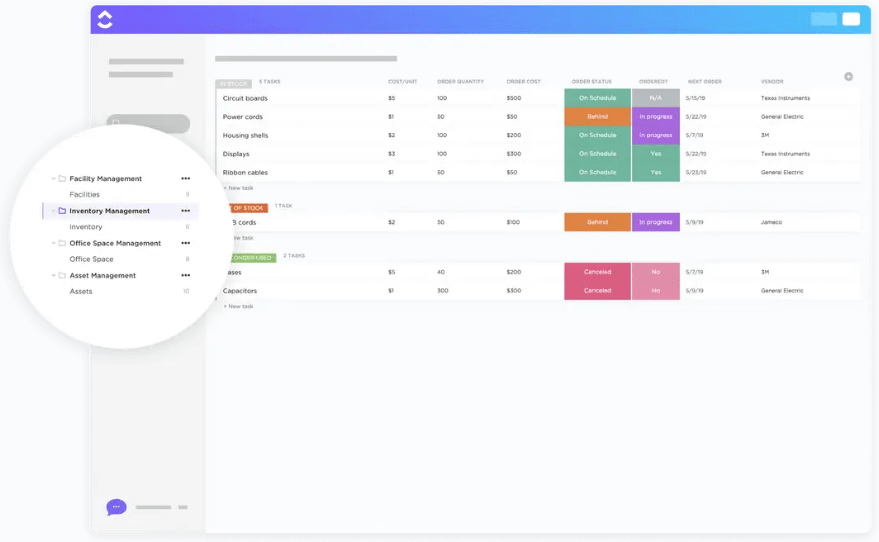 Manage your inventory and always restock on time with ClickUp’s Inventory Management Template